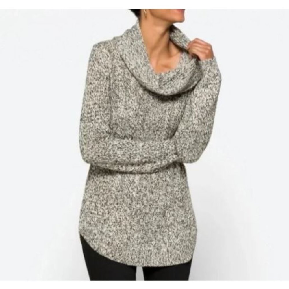 RD Style Harriette Cowl Neck Cable Knit Sweater in Black + White Marled Size M